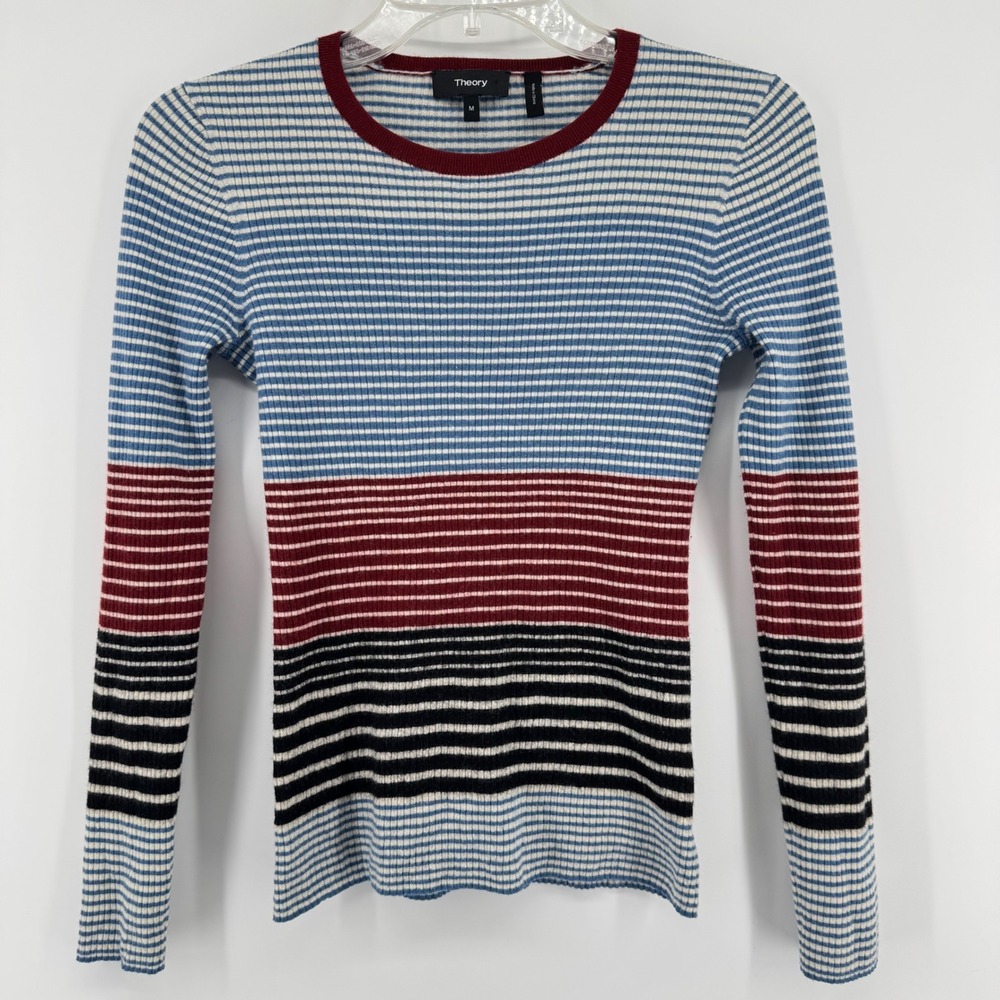 Theory Mirzi Striped Refine Sweater Women M Blue Red Merino Wool Crew Neck
